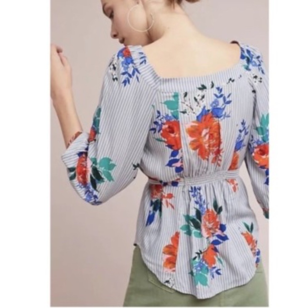 Anthropologie Maeve Blue Floral Striped Shirt - Picture 3 of 10